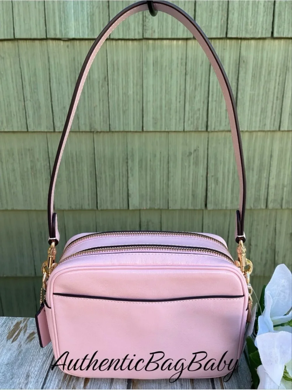 Coach Mini Carey Crossbody Bag In Light Pink Shiny Leather Purse